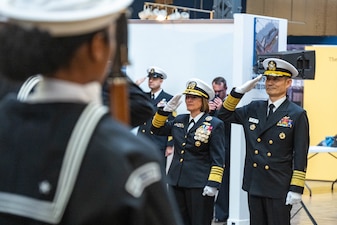 WASHINGTON (Feb. 1, 2024) - Republic of Korea Chief of Naval Operations Adm. Yang Yong-mo receives a full-honors welcome ceremony while visiting Chief of Naval Operations Adm. Lisa Franchetti at the Washington Navy Yard, Feb. 1. During the counterpart visit, Yang  toured different facilities, received demonstrations on a variety of capabilities, and conducted meetings with senior U.S. Navy leaders to discuss maritime security cooperation, interoperability, and readiness. (U.S. Navy photo by Chief Mass Communication Specialist Michael B. Zingaro)