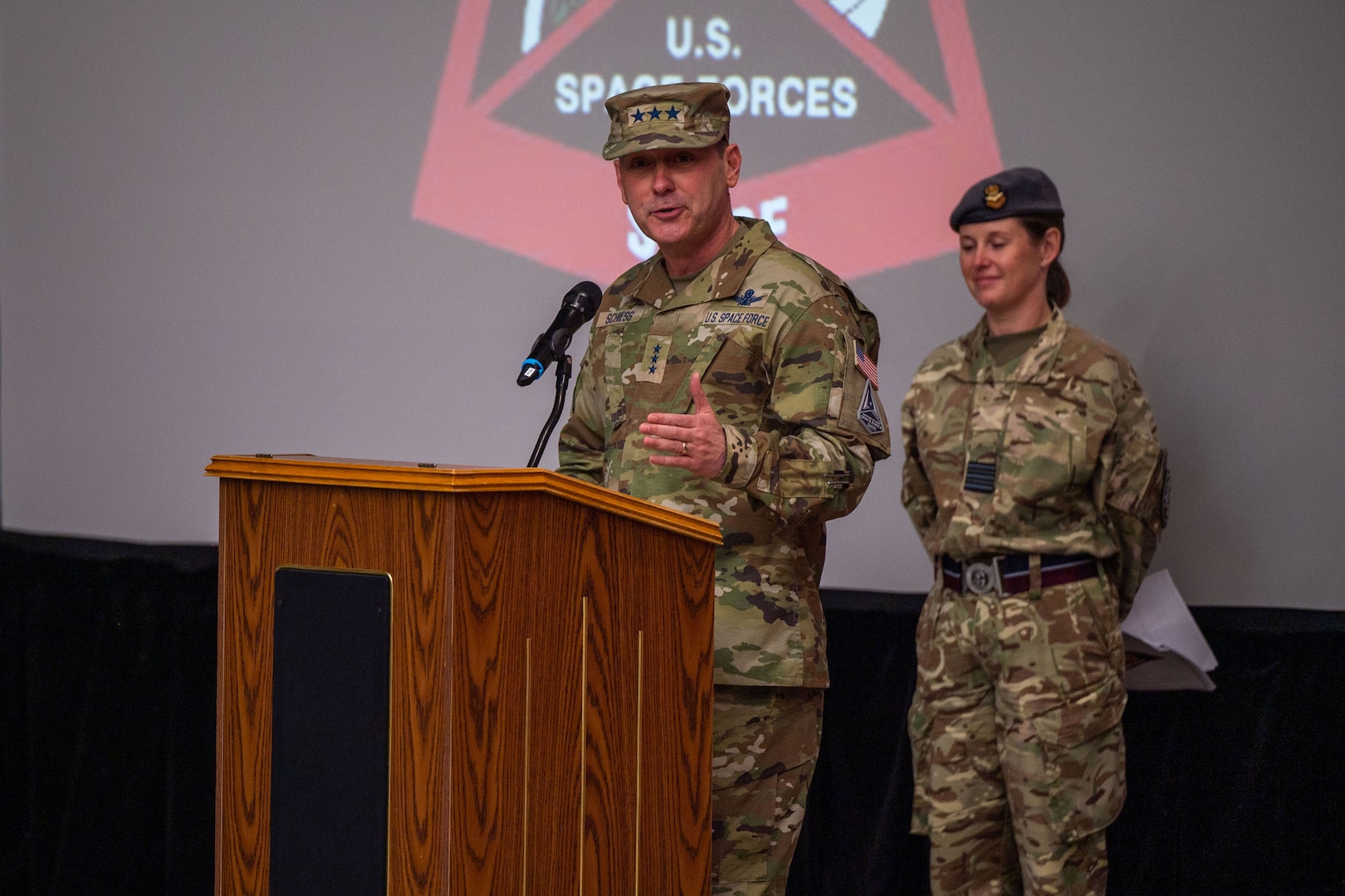 U.S. Space Force Lt. Gen. Douglas A. Schiess, U.S. Space Forces-Space (S4S) commander and the Combined Joint Force Space Component commander, speaks during the activation ceremony of S4S at Vandenberg Space Force Base, Calif., Jan. 31, 2024. S4S was established to plan, integrate, conduct, and assess global space operations in order to deliver combat relevant space effects, in, from, and to space. (U.S. Space Force photo by Tech. Sgt. Luke Kitterman)