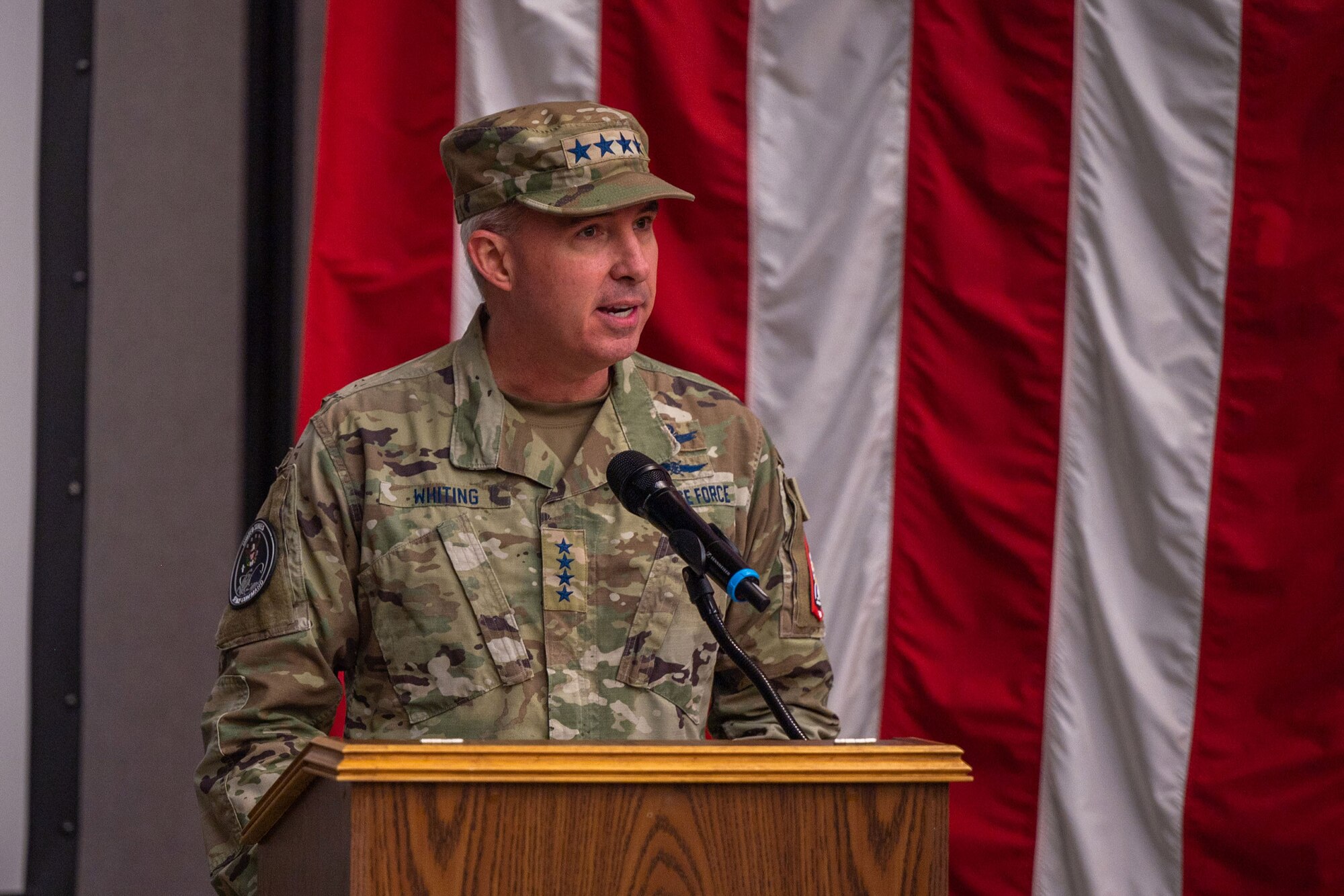 U.S. Space Command Commander Gen. Stephen N. Whiting speaks during the activation ceremony of U.S. Space Forces-Space (S4S) at Vandenberg Space Force Base, Calif., Jan. 31, 2024. The activation of S4S ensures space forces are most efficiently presented to U.S. Space Command to best meet challenges presented by the dynamic national security environment and the return to great power competition. (U.S. Space Force photo by Tech. Sgt. Luke Kitterman)