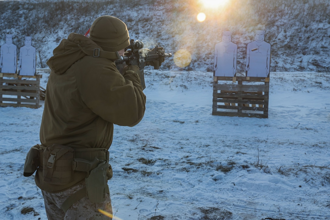 U.S. Marines with Fleet Anti-Terrorism Security Team Company, Europe (FASTEUR), demonstrate rifle drills to Moldovan police forces in Chișinău, Moldova, Jan. 22, 2024. Task Force 61/2.3 FASTEUR provides capabilities such as rapid response expeditionary anti-terrorism and security operations in support of Commanders, United States European Command and as directed by Commander, U.S. 6th Fleet in order to protect vital naval and national assets. (U.S. Marine Corps photo by Cpl. Cameron Ross)
