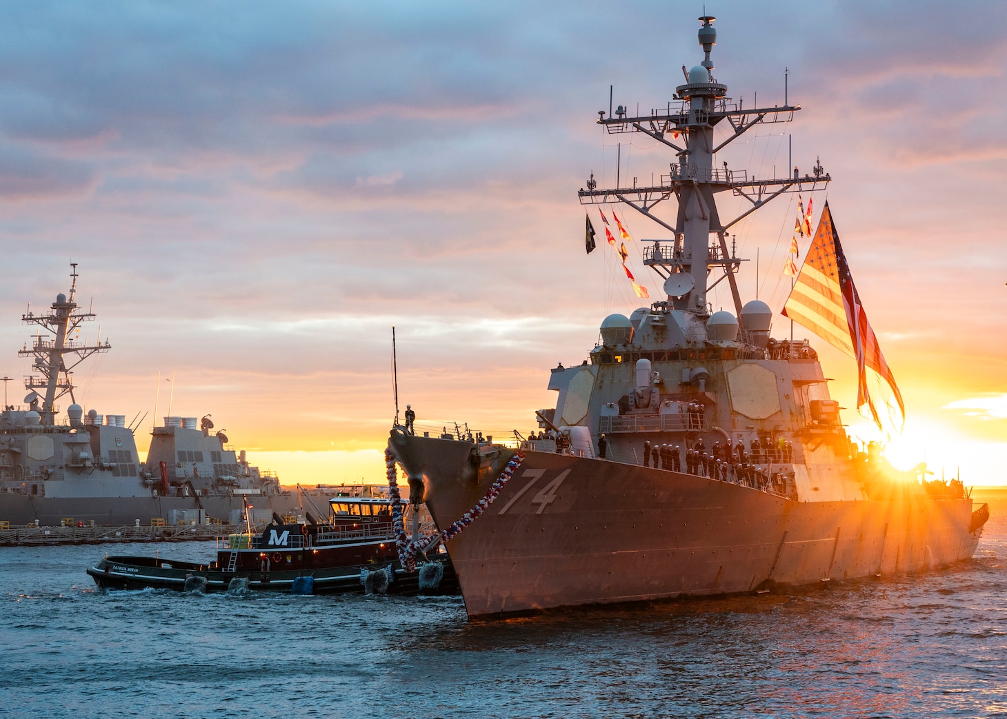 The Arleigh Burke-class guided-missile destroyer USS McFaul  (DDG 74) returns to its homeport at Naval Station Norfolk after a 8-month deployment to the U.S.