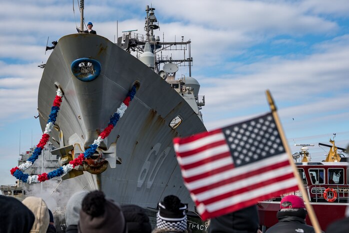 The Ticonderoga-class guided-missile cruiser USS Normandy (CG 60) returns to Naval Station Norfolk following an eight-month deployment, Jan. 20, 2024.