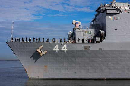 The Whidbey Island-class dock landing ship USS Gunston Hall (LSD 44), departed Naval Station Norfolk, Jan. 24, 2024