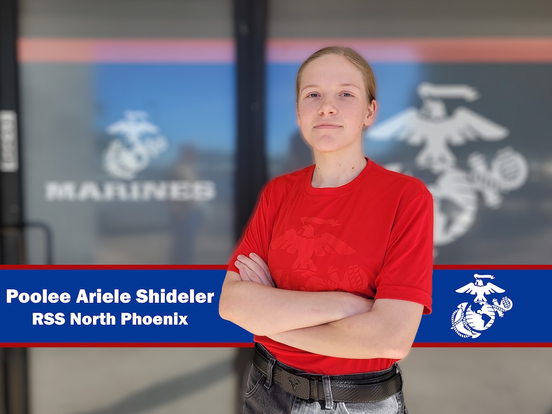 Poolee Ariele Shideler stands in front of Recruiting Sub-Station North Phoenix, Ariz., for a photo Dec. 5, 2023. Ariele Shideler joined the Delayed Entry Program with the recruiting office with intentions to prepare for Marine boot camp.