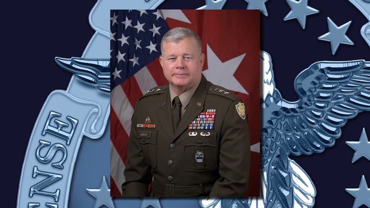 A portrait of Lieutenant General Mark T. Simerly in front of American and three-star army flags, over a background featuring the DLA emblem