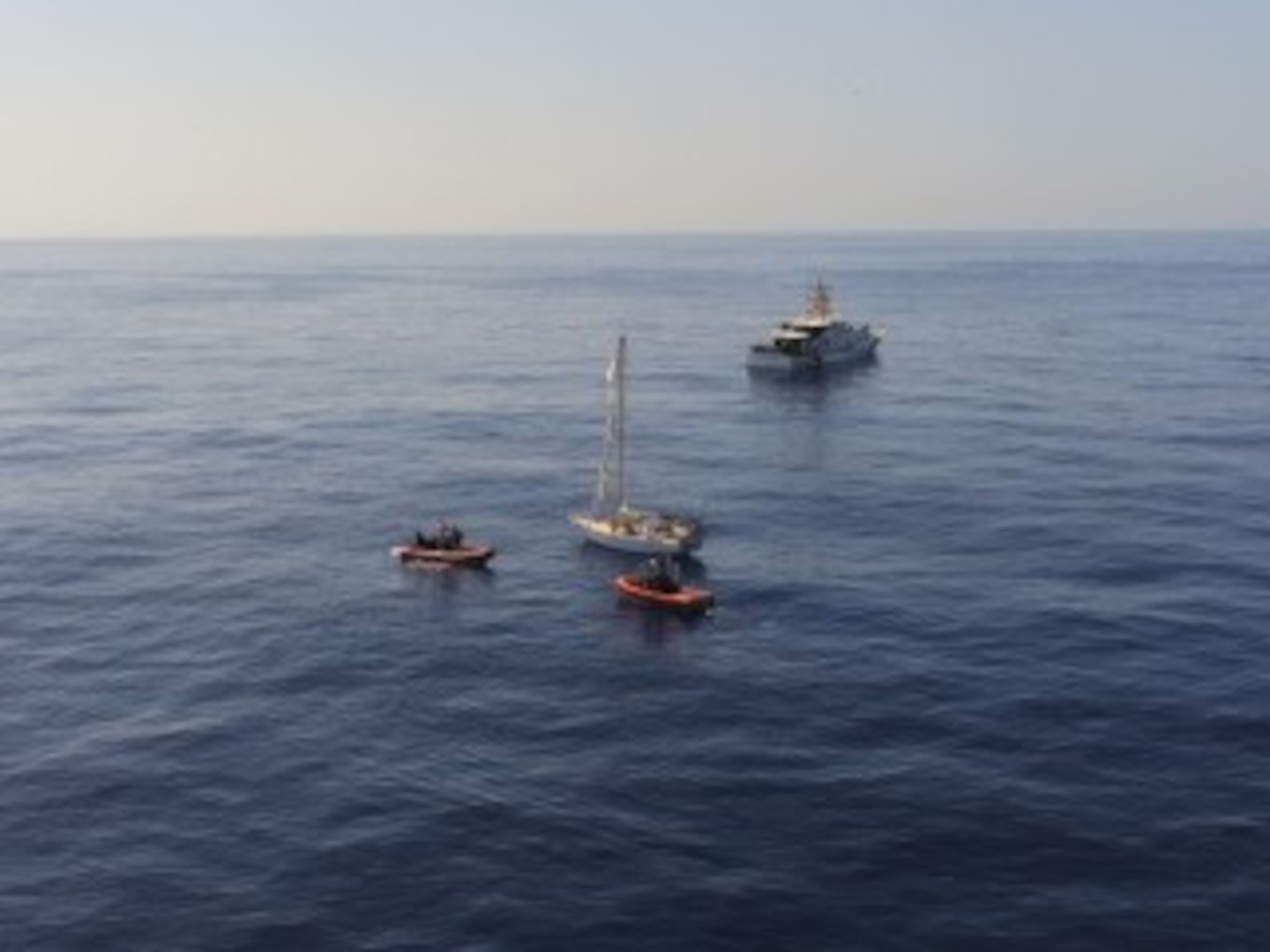 Coast Guard Cutters Vigilant and Richard Dixon crews rescued two boaters from the disabled sailing vessel Orion, Feb. 1, 2024, approximately 147 nautical miles south of Puerto Rico. Rescued are French citizens Robert Punginier, 77, and Marie Claude Durand, 50, who were safely transported to the French island of Martinique, where they were assisted by local authorities. (U.S. Coast Guard photo)