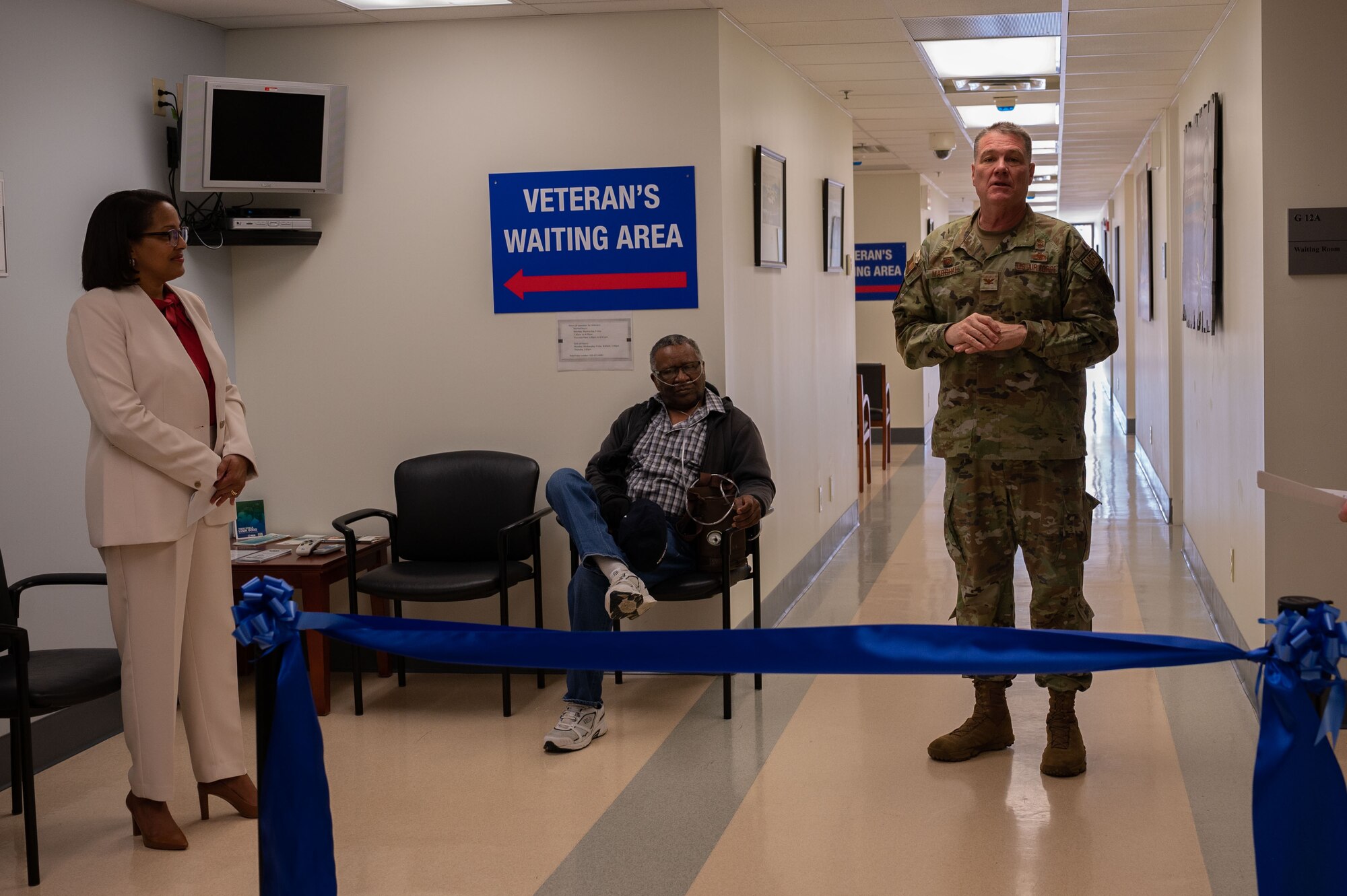 U.S. Air Force Col. Sean Marshall, 4th Medical Group commander, speaks during the Veterans Affairs Dental Clinic ribbon cutting ceremony at Seymour Johnson Air Force Base, North Carolina, Jan. 19, 2024. This clinic represents the inaugural collaboration at the 4th Fighter Wing dental clinic, where VA dental workers will partner with Kiecker Dental Clinic Airmen to provide services for both active duty personnel and veterans with base access. (U.S. Air Force photo by Airman 1st Class Rebecca Sirimarco-Lang)