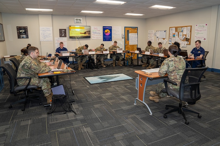U.S. Air Force Tech. Sgt. Sarah Lipscomb, Airman Leadership School instructor, teaches ALS class 24-2 at Keesler Air Force Base, Mississippi, Jan. 24, 2024.