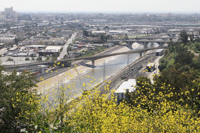 The Los Angeles River is seen from Elysian Park near downtown LA.