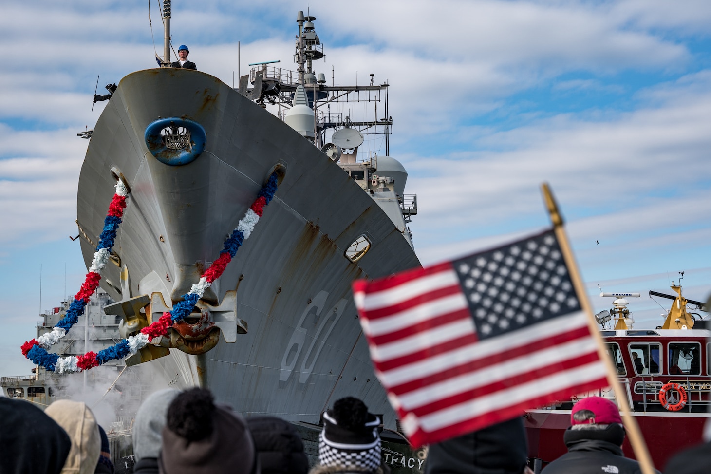 The Ticonderoga-class guided-missile cruiser USS Normandy (CG 60) returns to Naval Station Norfolk following an eight-month deployment, Jan. 20, 2024.