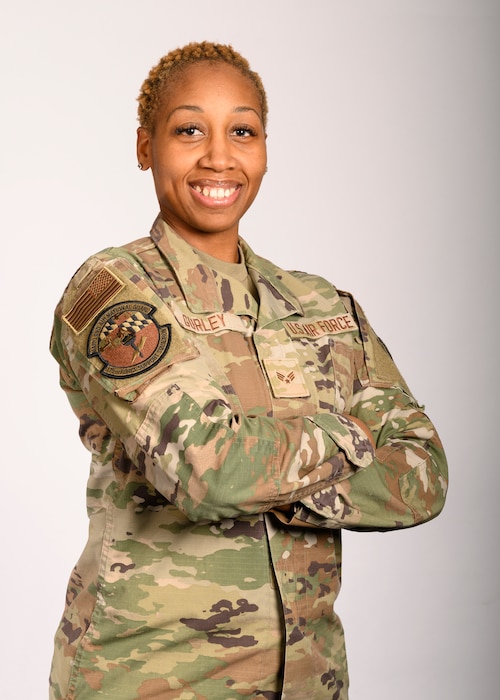 U.S. Air Force Senior Airman Rose Gurley, a personnel specialist assigned to the 175th Force Support Squadron, Maryland Air National Guard, poses for Maryland National Guard's I am the Mission project at Martin State Air National Guard Base, Maryland, Jan. 22, 2024.