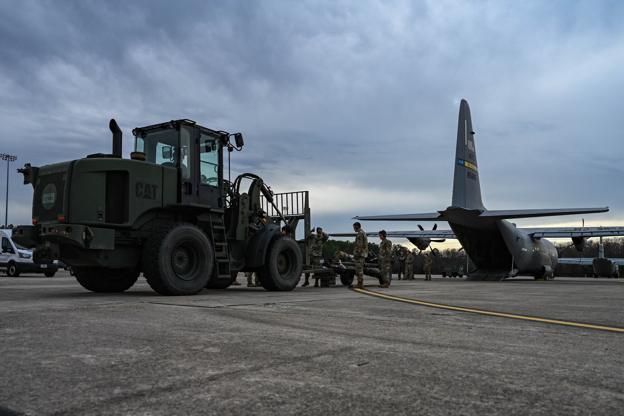 A forklift moves cargo.