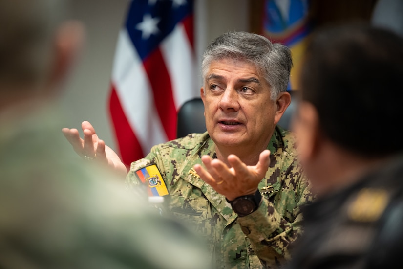 Ecuadorian Navy Adm. Jaime Patricio Vela Erazo, chief of staff of the Ecuadorian military, attends a mission briefing at the Kentucky Air National Guard Base in Louisville, Ky., Jan. 31, 2024. He is one of several Ecuadorian military leaders visiting this week to exchange information with the Kentucky National Guard as part of the State Partnership Program, a National Guard Bureau effort that pairs Guard units with foreign allies to foster enhanced understanding across all aspects of civil and military affairs. (U.S. Air National Guard photo by Dale Greer)