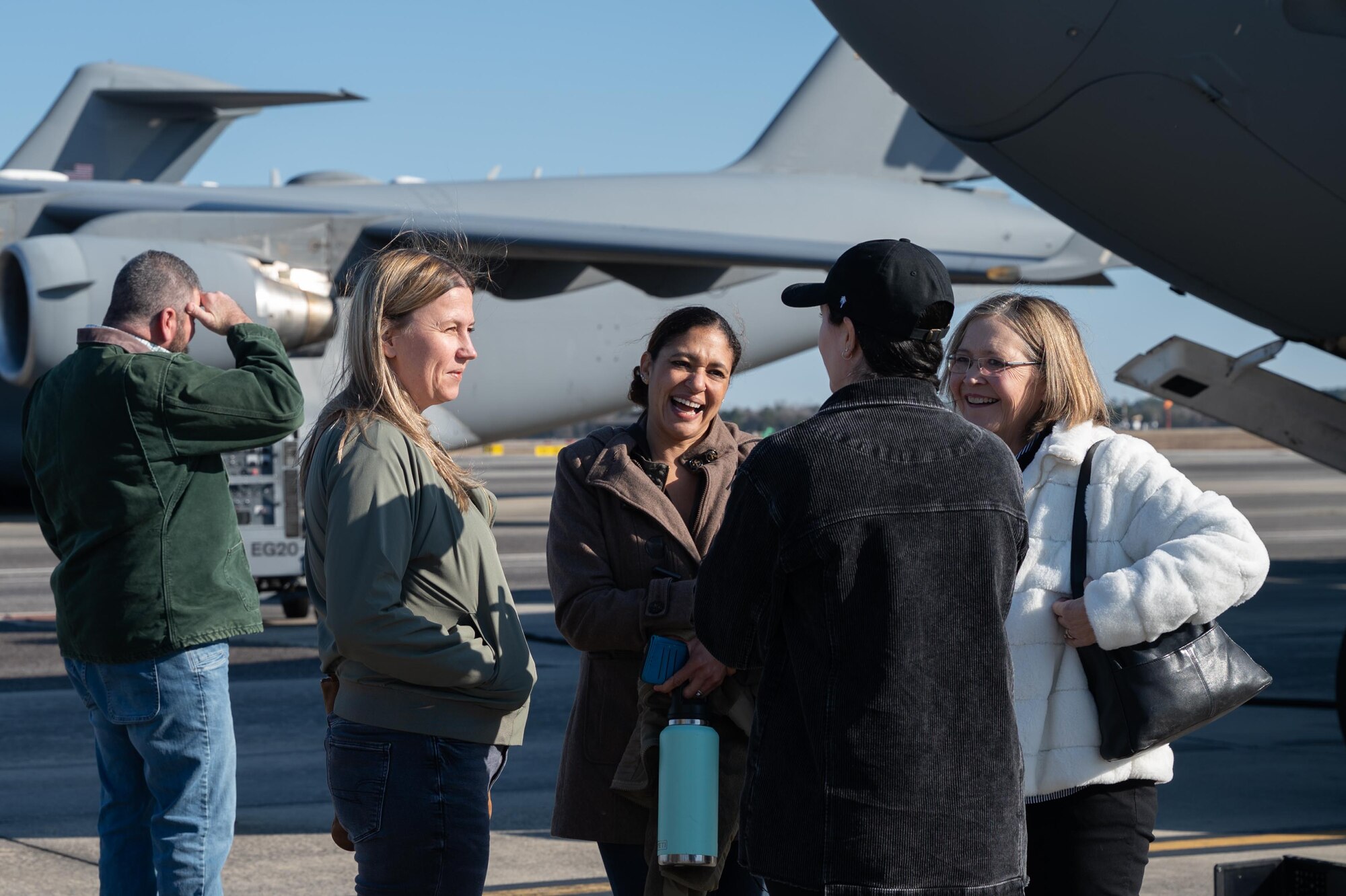 Reserve Citizen Airmen from the Air Force Reserve 315th Airlift Wing demonstrated C-17 Globemaster III tactical airlift capabilities before an audience that included spouses of wing Airmen during a Unit Training Assembly at Joint Base Charleston, South Carolina, Feb. 3, 2024. During the demonstration, the aircrew performed short takeoff and assault landing at North Auxiliary Field, near Orangeburg, South Carolina. (U.S. Air Force photo by Staff Sgt. Haley Phillips)