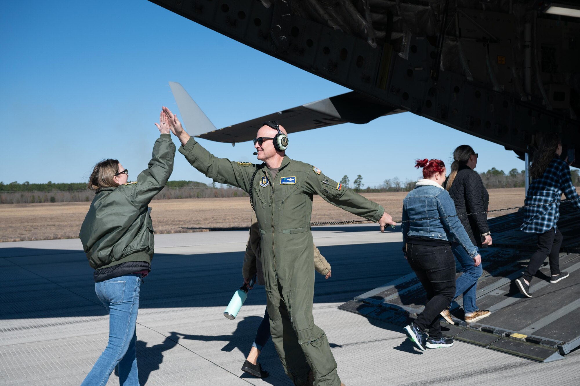 Reserve Citizen Airmen from the Air Force Reserve 315th Airlift Wing demonstrated C-17 Globemaster III tactical airlift capabilities before an audience that included spouses of wing Airmen during a Unit Training Assembly at Joint Base Charleston, South Carolina, Feb. 3, 2024. During the demonstration, the aircrew performed short takeoff and assault landing at North Auxiliary Field, near Orangeburg, South Carolina. (U.S. Air Force photo by Staff Sgt. Haley Phillips)