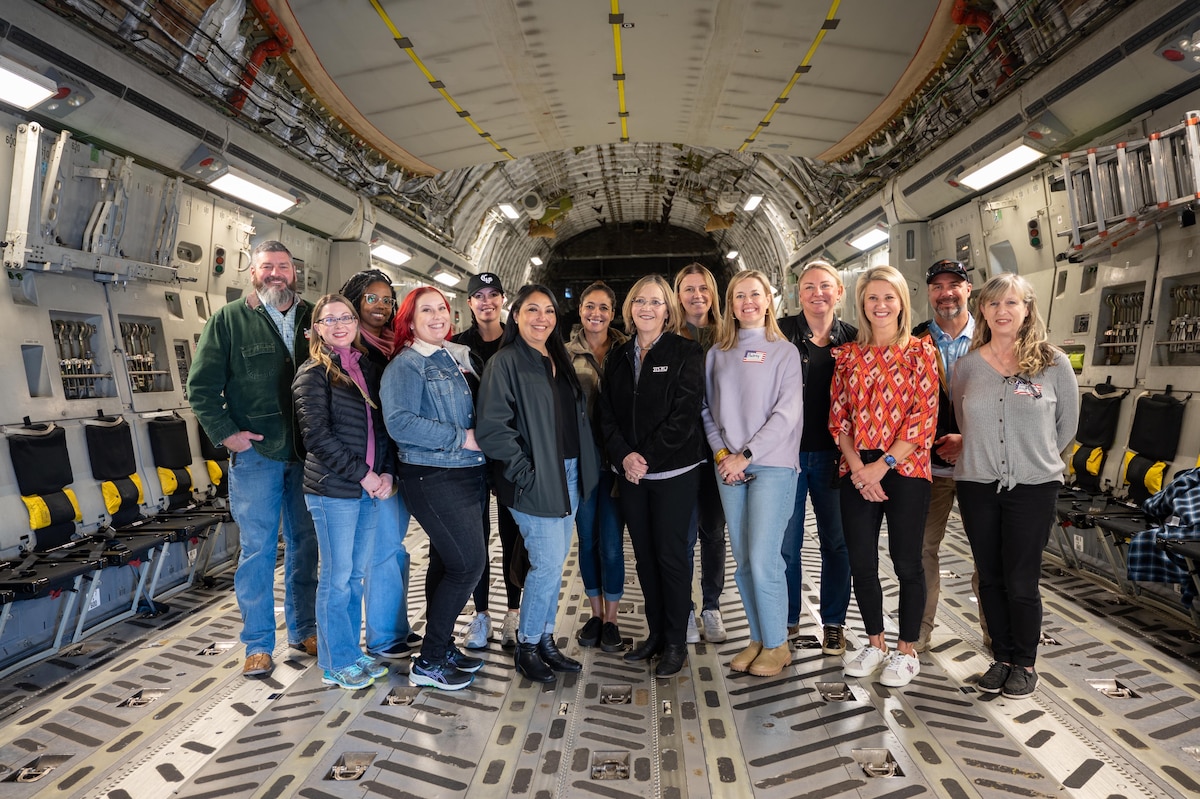 Reserve Citizen Airmen from the Air Force Reserve 315th Airlift Wing demonstrated C-17 Globemaster III tactical airlift capabilities before an audience that included spouses of wing Airmen during a Unit Training Assembly at Joint Base Charleston, South Carolina, Feb. 3, 2024. During the demonstration, the aircrew performed short takeoff and assault landing at North Auxiliary Field, near Orangeburg, South Carolina. (U.S. Air Force photo by Staff Sgt. Haley Phillips)