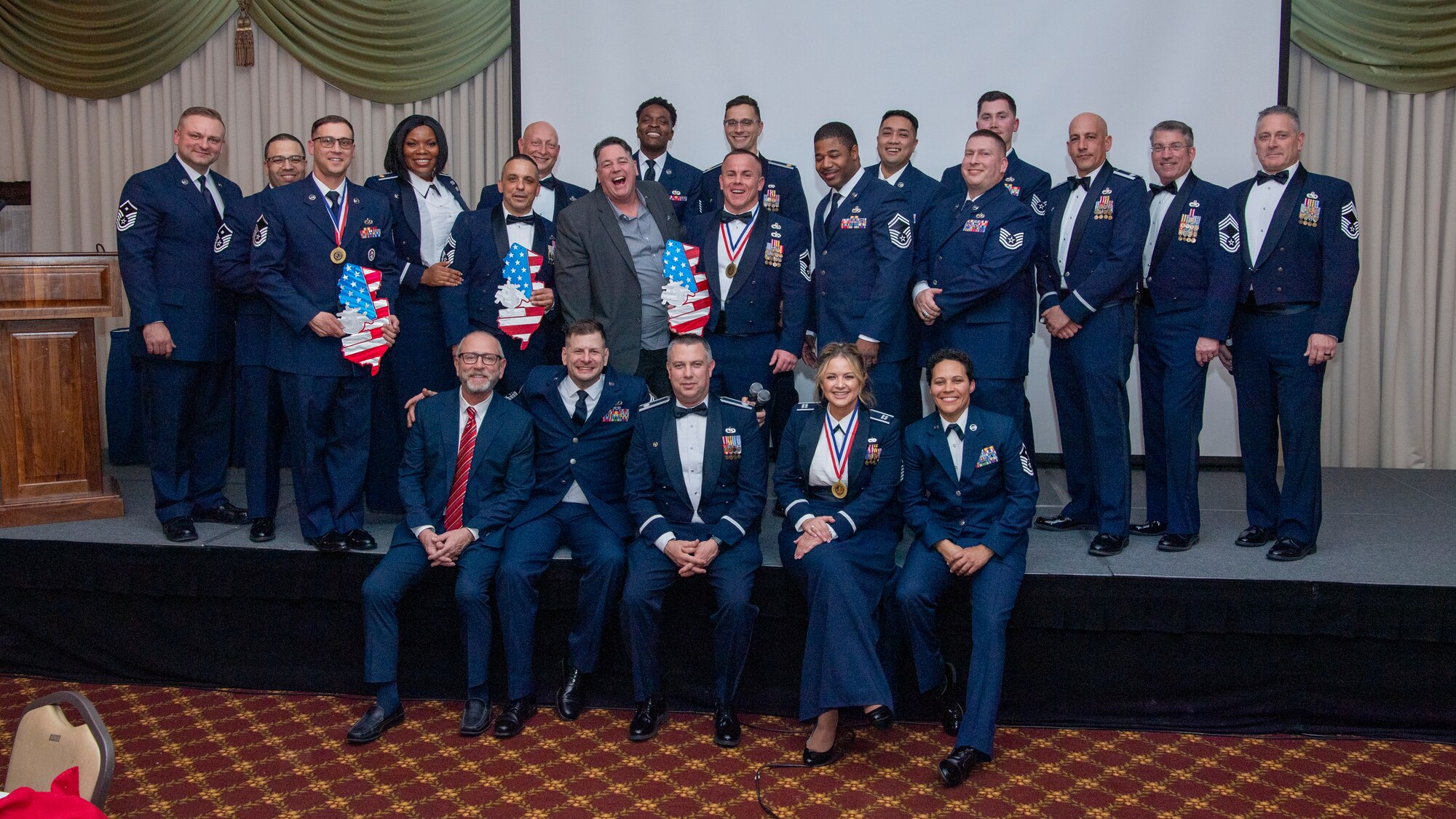 Reserve Citizen Airmen from the 514th Air Mobility Wing, attend the 2023 Annual Awards Banquet, at Tommy B’s at Joint Base McGuire-Dix-Lakehurst, N.J., Feb. 3, 2024. The annual event recognizes enlisted and commissioned Airmen, civilian employees, and volunteer Key Spouses for outstanding performance.