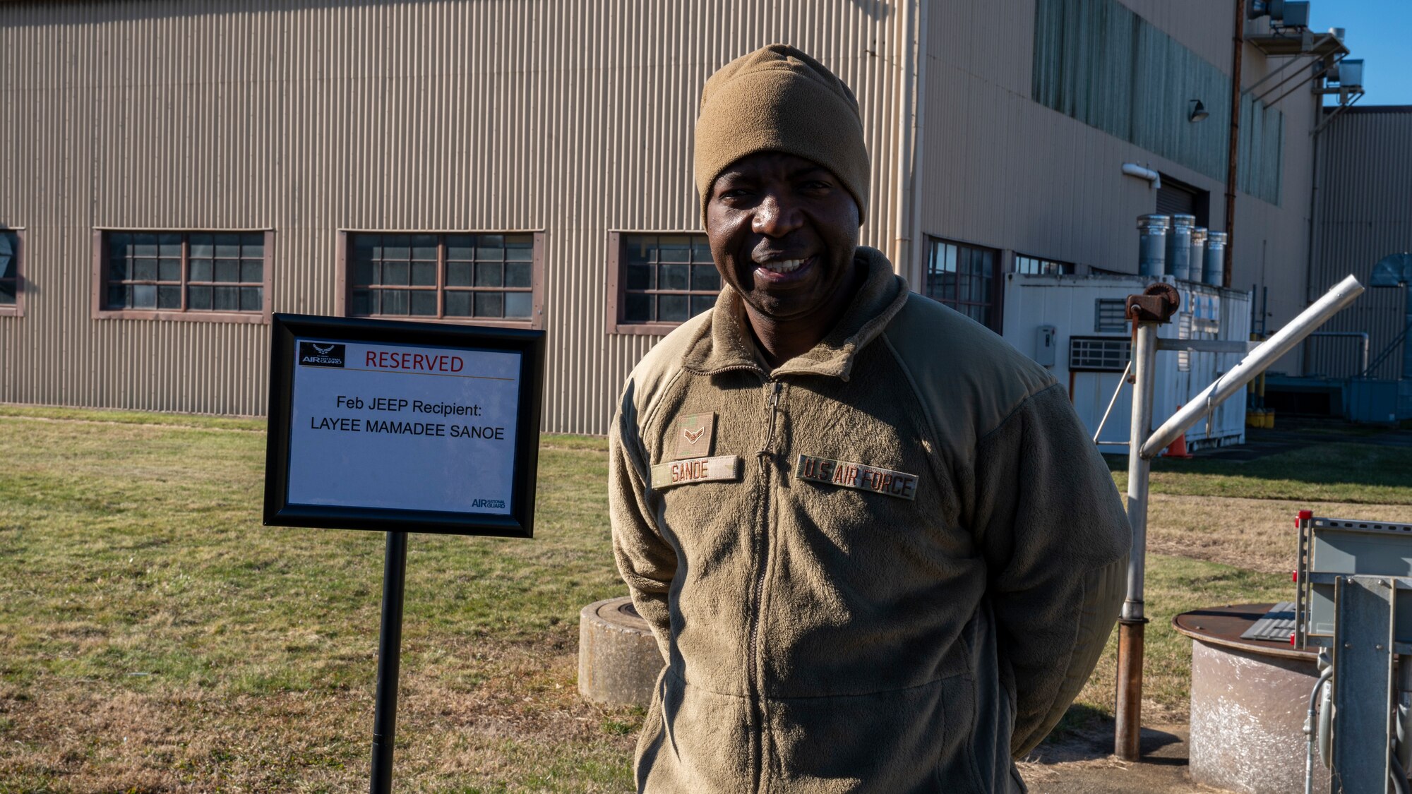 Airman 1st Class Layee Sanoe a 166th Airlift Wing, Command Support Staff Specialist was awarded a temporary commander’s parking spot for his recruitment efforts.