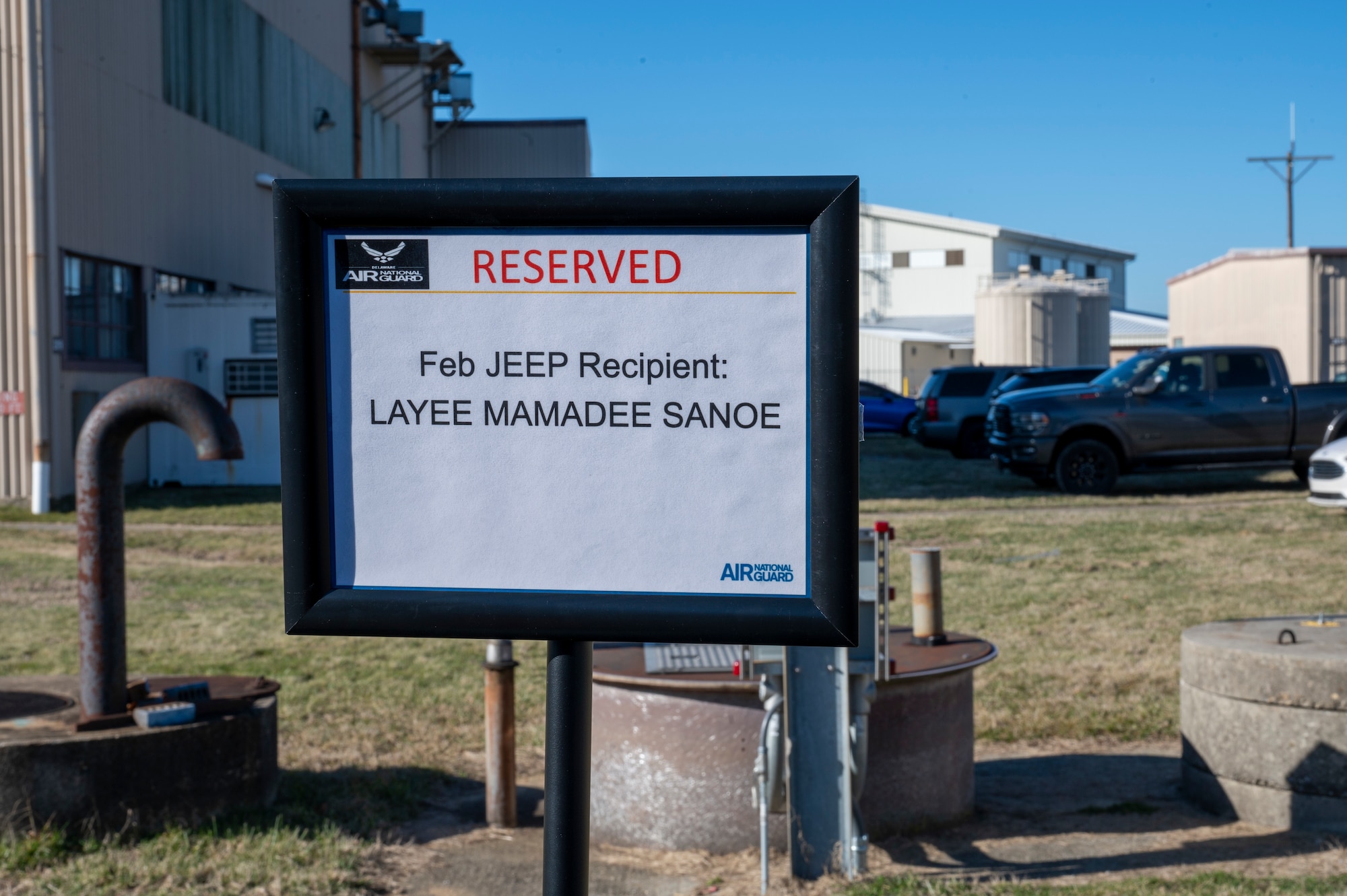 Airman 1st Class Layee Sanoe a 166th Airlift Wing, Command Support Staff Specialist was awarded a temporary commander’s parking spot for his recruitment efforts.