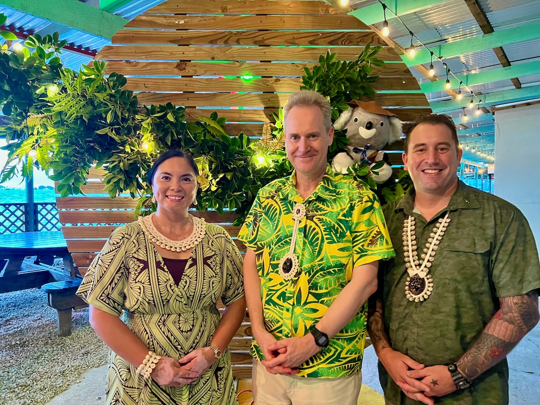 In Majuro, Republic of the Marshall Islands, on Jan. 26, 2024, U.S. Coast Guard Forces Micronesia/Sector Guam’s Cmdr. Ryan Crose, response department head, and Lt. Cmdr. Christine Igisomar, COFA maritime advisor, represented the U.S. Coast Guard at the Australia Day celebration in Majuro and spent time with the Australian Ambassador to the RMI, his Excellency Paul Wilson, and members of the U.S. Embassy team. The Australia National Day is observed annually on January 26 and is an opportunity for Australians to celebrate all the things they love about their country: land, sense of fair go, lifestyle, democracy, freedom, people, and their various cultures, traditions, and belief systems. (U.S. Coast Guard photo)