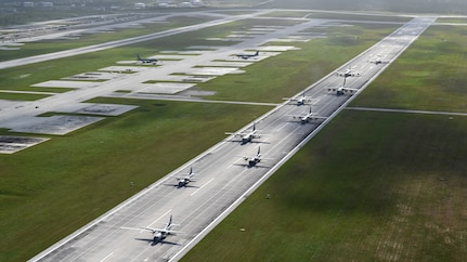 Multinational partners conduct an elephant walk as part of Cope North 2024 at Andersen Air Force Base, Guam, Feb. 5, 2024. Cope North enhances U.S. relationships and interoperability with our regional Allies and partners by providing the opportunity to exchange information and improve shared tactics to better integrate multilateral defense capabilities. (U.S. Air Force photo by Staff Sgt. Gerald R. Willis)