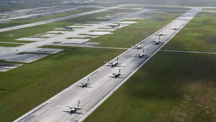 Multinational partners conduct an elephant walk as part of Cope North 2024 at Andersen Air Force Base, Guam, Feb. 5, 2024. Cope North enhances U.S. relationships and interoperability with our regional Allies and partners by providing the opportunity to exchange information and improve shared tactics to better integrate multilateral defense capabilities. (U.S. Air Force photo by Staff Sgt. Gerald R. Willis)