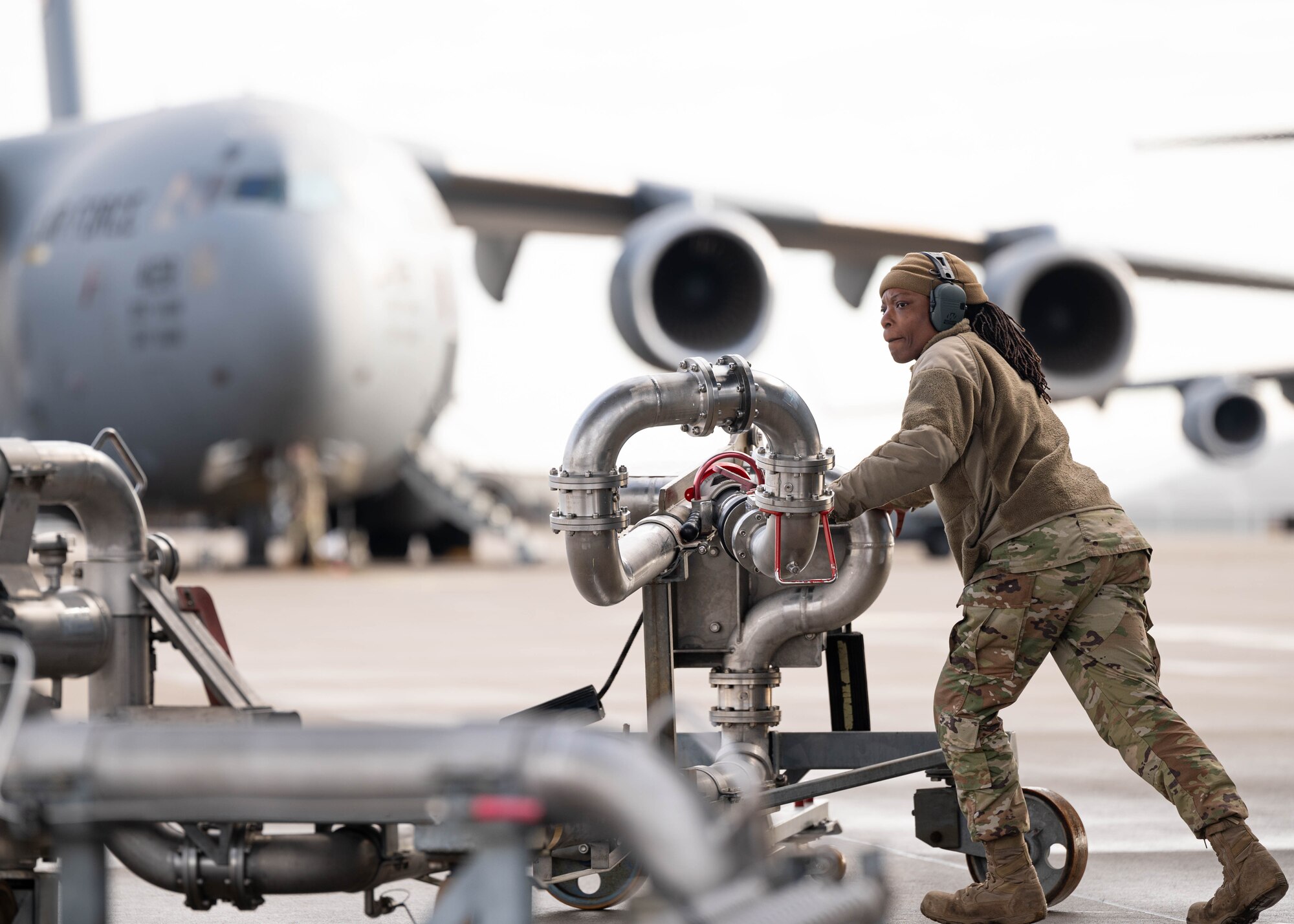 The 86th LRS Fuels Management Flight refuels a C-17 on the Ramstein Air Base flightline.