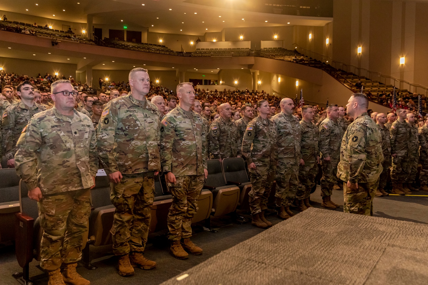 Soldiers, family members and friends gather for a deployment ceremony at Grace Church in Eden Prairie, Minnesota, Feb. 1, 2024. More than 550 Soldiers from the Minnesota National Guard's 34th Infantry Division "Red Bulls" began final preparations for a deployment to the Middle East.