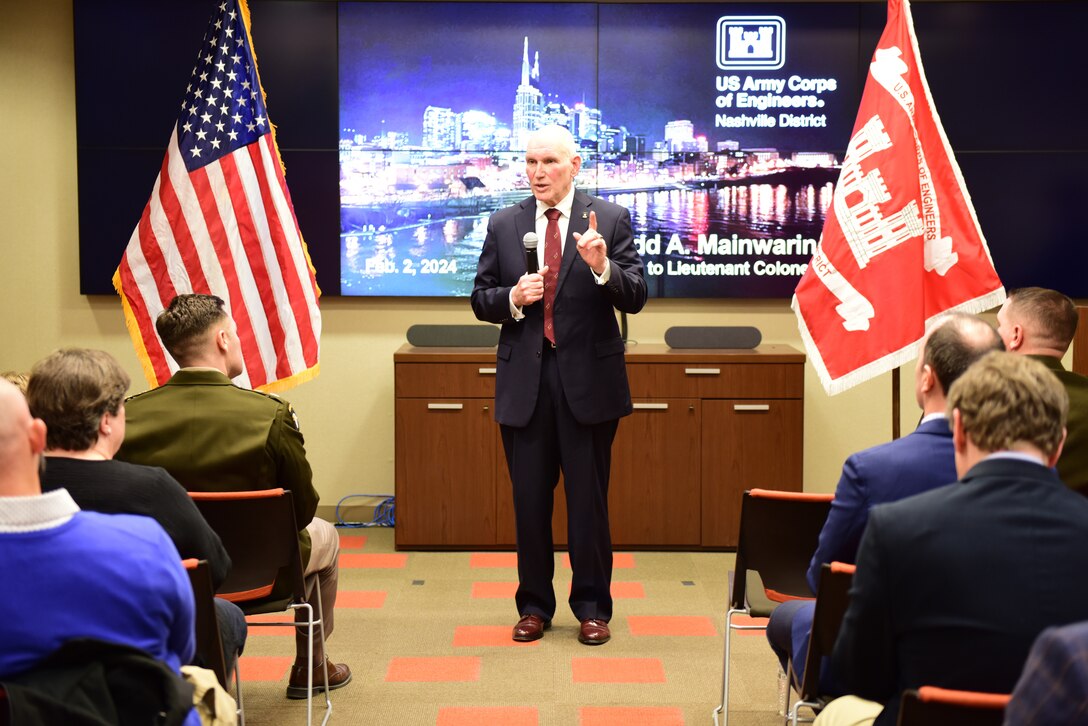 Retired Lt. Gen. William Grisoli addresses guests during a promotion ceremony for Lt. Col. Todd A. Mainwaring, U.S. Army Corps of Engineers Nashville District deputy commander, Feb. 2, 2024, at the Nashville District Headquarters in Nashville, Tennessee. The retired general, who officiated the promotion, previously served with Mainwaring as an instructor at the U.S. Military Academy.  (USACE Photo by Lee Roberts)