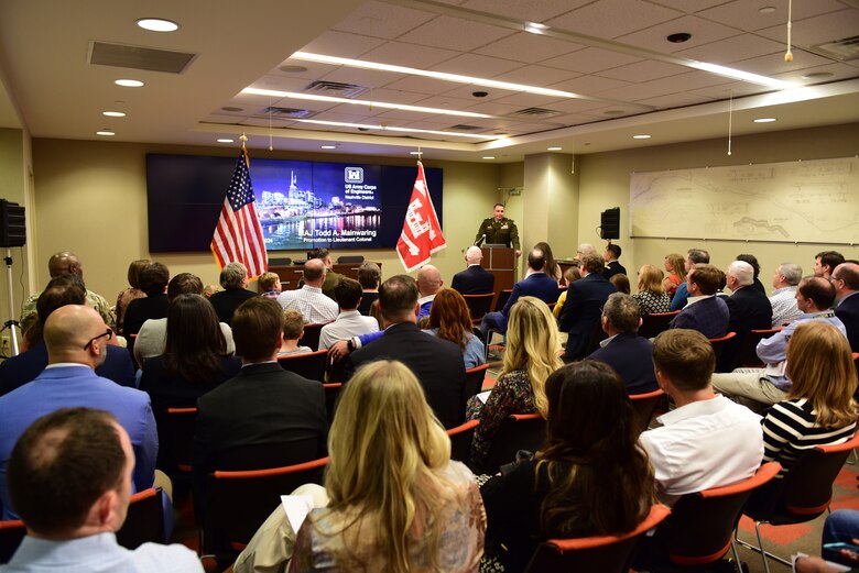 Lt. Col. Robert W. Green, U.S. Army Corps of Engineers Nashville District commander, welcomes guests and congratulates Todd A. Mainwaring, deputy commander, during his promotion to the rank of lieutenant colonel Feb. 2, 2024, at the Nashville District headquarters in Nashville, Tennessee. (USACE Photo by Lee Roberts)