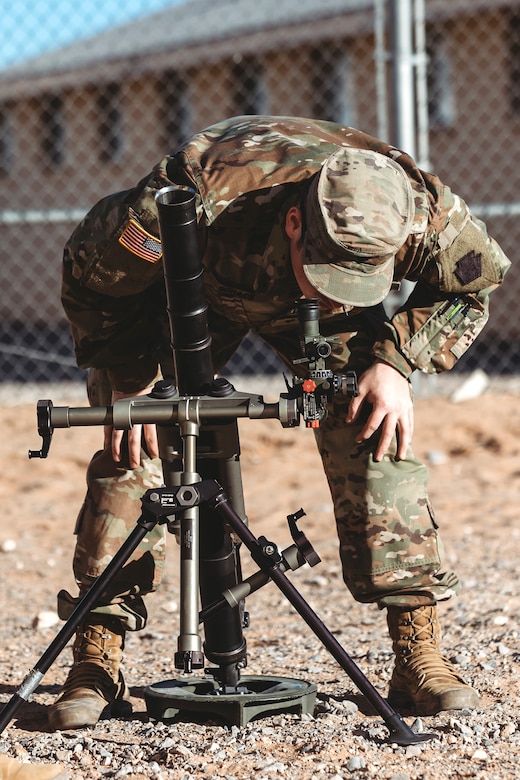 U.S. Soldiers with Bravo Company, 1st Battalion, 112th Infantry Regiment, 56th Stryker Brigade Combat Team train with M224 60 mm mortar systems during an exercise at Camp McGregor, New Mexico, Jan. 14, 2024. They are training at Camp McGregor as they prepare for a deployment to the Horn of Africa. (U.S. Army photo by Staff Sgt. Jonathan Campbell)
