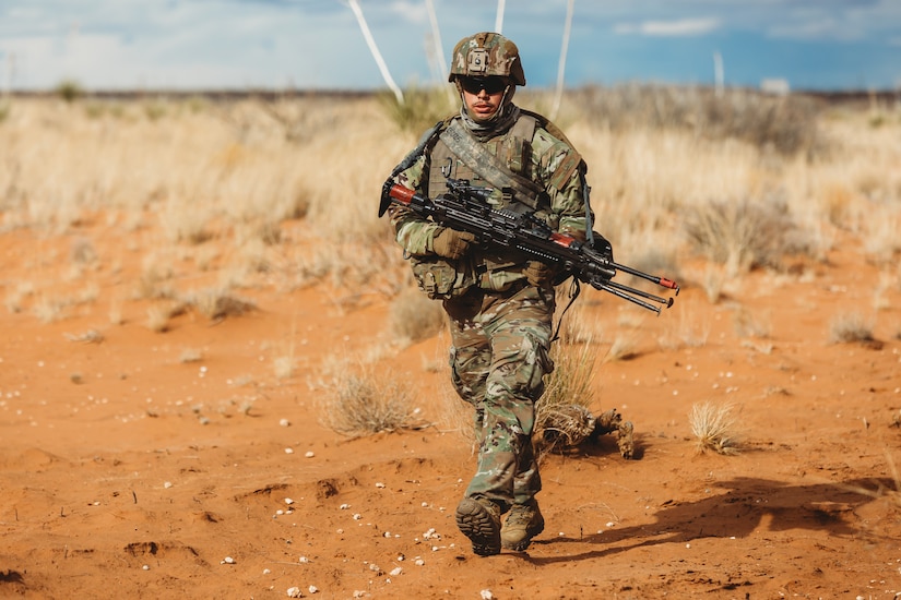U.S. Soldiers with Bravo Company, 1st Battalion, 112th Infantry Regiment, 56th Stryker Brigade Combat Team prepare for combat in a situational training exercise at Camp McGregor, New Mexico, Jan. 24, 2024. They are training at Camp McGregor as they prepare for a deployment to the Horn of Africa. (U.S. Army photo by Staff Sgt. Jonathan Campbell)