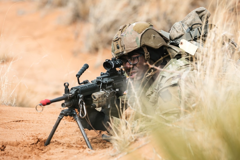 U.S. Soldiers with Bravo Company, 1st Battalion, 112th Infantry Regiment, 56th Stryker Brigade Combat Team prepare for combat in a situational training exercise at Camp McGregor, New Mexico, Jan. 24, 2024. They are training at Camp McGregor as they prepare for a deployment to the Horn of Africa. (U.S. Army photo by Staff Sgt. Jonathan Campbell)