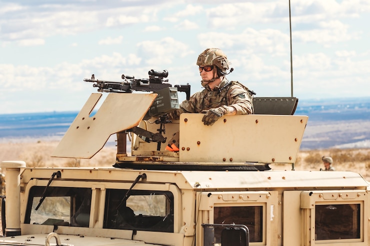 U.S. Soldiers with Bravo Company, 1st Battalion, 112th Infantry Regiment, 56th Stryker Brigade Combat Team prepare for combat in an exercise at Camp McGregor, New Mexico, Jan. 26, 2024. Bravo Company’s line platoons, fire support specialists, mortar sections, radio operators and medics all participated together during this exercise that began on Jan. 26 and lasted into the early morning hours of Jan. 27. They are training at Camp McGregor as they prepare for a deployment to the Horn of Africa. (U.S. Army photo by Staff Sgt. Jonathan Campbell)