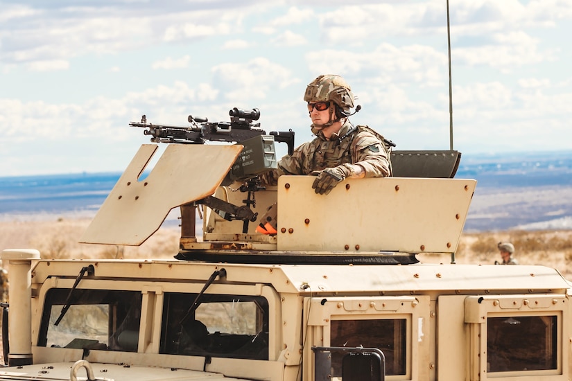U.S. Soldiers with Bravo Company, 1st Battalion, 112th Infantry Regiment, 56th Stryker Brigade Combat Team prepare for combat in an exercise at Camp McGregor, New Mexico, Jan. 26, 2024. Bravo Company’s line platoons, fire support specialists, mortar sections, radio operators and medics all participated together during this exercise that began on Jan. 26 and lasted into the early morning hours of Jan. 27. They are training at Camp McGregor as they prepare for a deployment to the Horn of Africa. (U.S. Army photo by Staff Sgt. Jonathan Campbell)