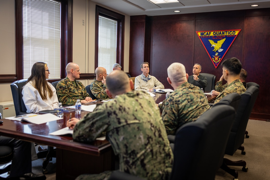 Peter I. Belk, performing the duties of the Assistant Secretary of Defense for Readiness, holds a discussion at Marine Corps Air Facility on Marine Corps Base Quantico, Virginia, Feb. 1, 2024. During his visit, Belk promoted safety and occupational health with MCAF personnel regarding aviation and ground safety while recognizing Marines and civilians for their diligence. (U.S. Marine Corps photo by Lance Cpl. Joaquin Dela Torre)