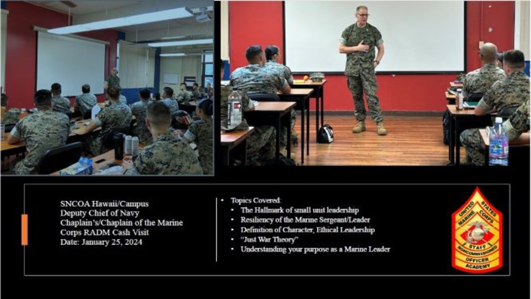 Chaplain of the Marine Corps RADM Cash visits Staff NCO Academy, Hawaii Campus, on January 25, 2024.