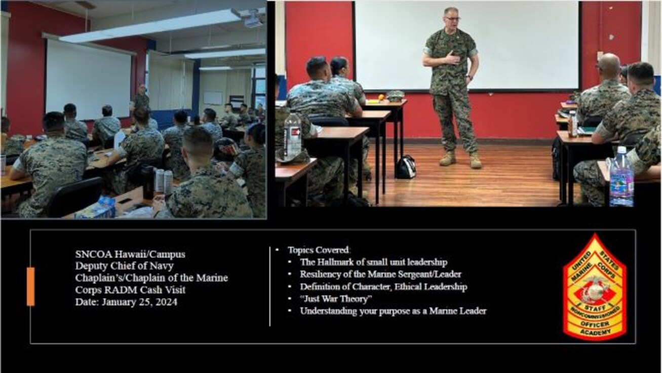 HAWAII, 25 Jan 2024. Chaplain of the Marine Corps RADM Cash visits SNCO Academy.