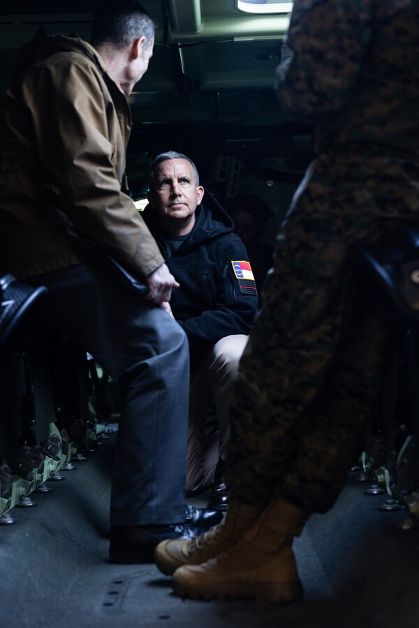 Peter I. Belk, performing the duties of the Assistant Secretary of Defense for Readiness, sits in an amphibious combat vehicle during his visit to Marine Corps Systems Command Transportation Demonstration Support Area, Virginia, Feb. 1, 2024. During his visit, Belk promoted safety and occupational health with MARCORSYSCOM personnel regarding ground safety and logistics while recognizing Marines and civilians for their diligence. (U.S. Marine Corps photo by Lance Cpl. Joaquin Dela Torre)