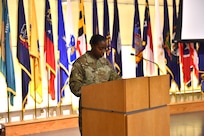Then-Maj. Nikki Davis speaks during an event at Fort Detrick, Maryland, in December 2018. Davis’ tenure as deputy commander of the U.S. Army Medical Materiel Agency is her second stint with the organization. (U.S. Army photo by Ellen Crown)