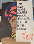 "Beauty in All Shades" a painting of a Melanin skinned portrait on the left with text on the right by Tiffany Dixon.