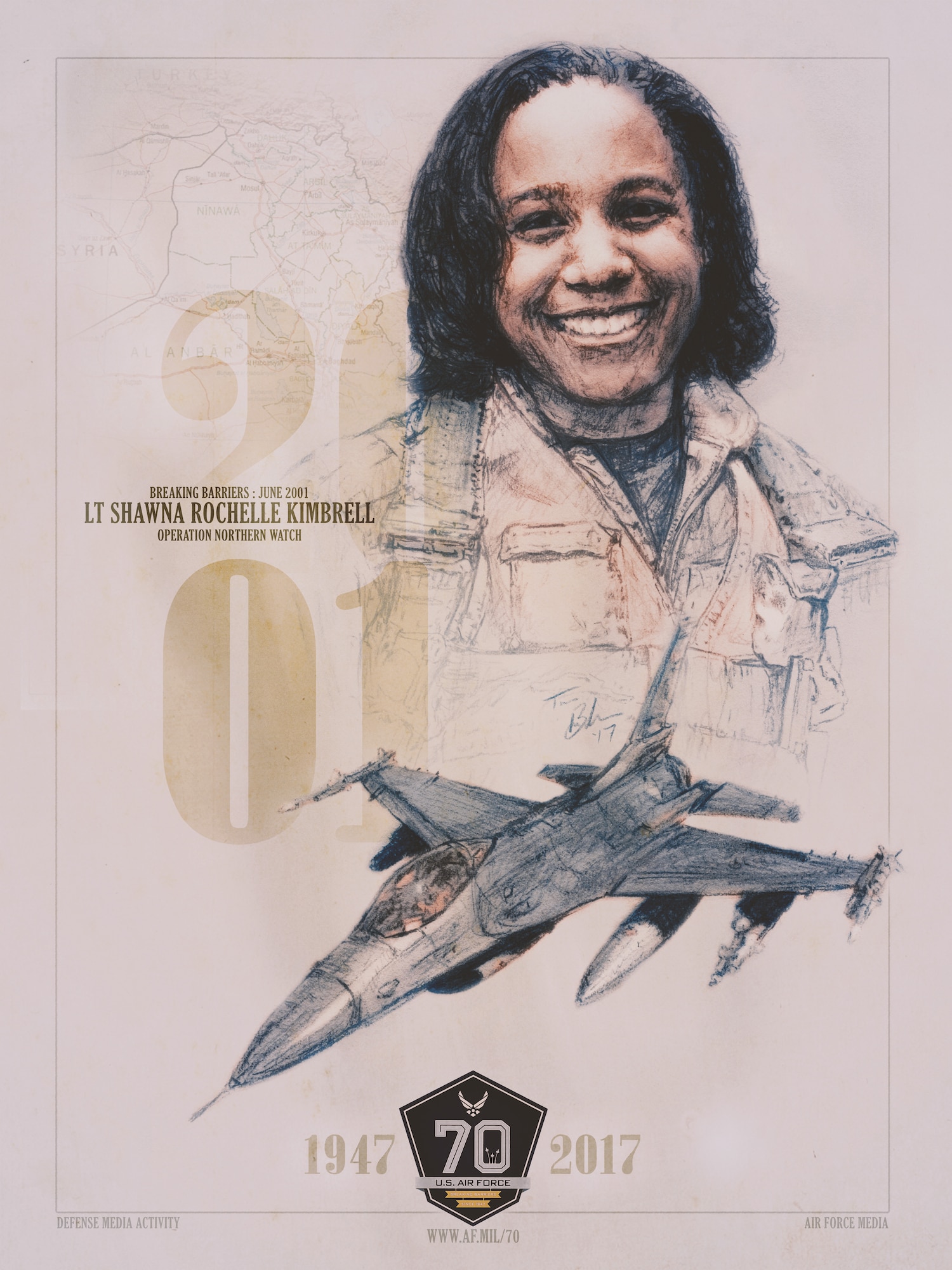Composite graphic featuring Shawna Rochelle Kimbrell and an F-16.