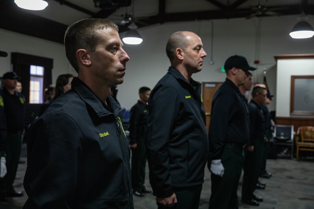 Members of the United States Forest Service Honor Guard practice drill movements with the Marine Corps Recruit Depot San Diego Regiment Color Guard at MCRD San Diego, Feb. 1, 2024. The USFS Honor Guard visited the Depot to promote and reinforce the customs, history, and traditions of the Marine Corps. (U.S. Marine Corps photo by Lance Cpl. Sarah M. Grawcock)