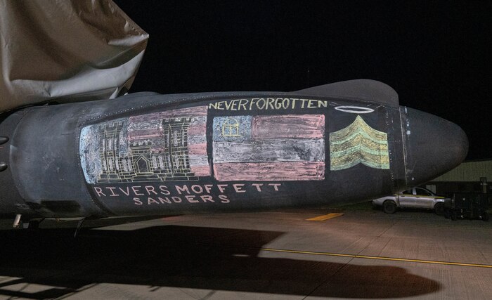 A completed mural in remembrance of U.S. Army Staff Sgt. William Rivers, Sgt. Kennedy Sanders and Sgt. Breonna Moffett is displayed on a U-2 Dragon Lady.