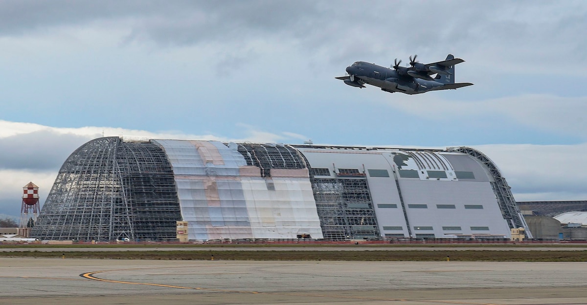 A U.S. Air Force HC-130J Combat King II aircraft takes off from Moffett Air National Guard Base in Mountain View, Calif., Dec. 27, 2023. The wing launched a similar aircraft Jan. 31 to provide supplies for a medical emergency aboard a sportfishing vessel 300 miles southwest of Cabo San Lucas.