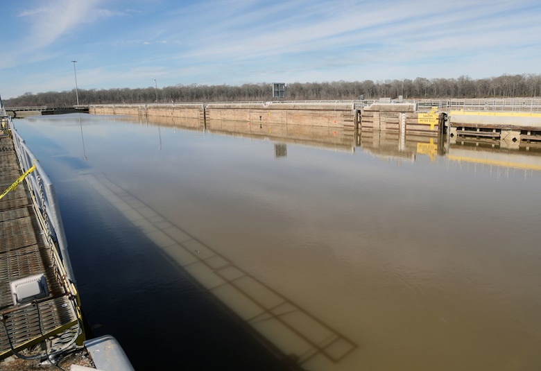 The Demopolis Lock is inoperable and awaits repair work to start in Demopolis, Alabama, Feb. 1, 2024. A breach occurred on Jan. 16, and the U.S. Army Corps of Engineers Mobile District and partners are working 24/7 to make the lock fully operable for an estimated timeframe of May. (U.S, Army photo by Chuck Walker)