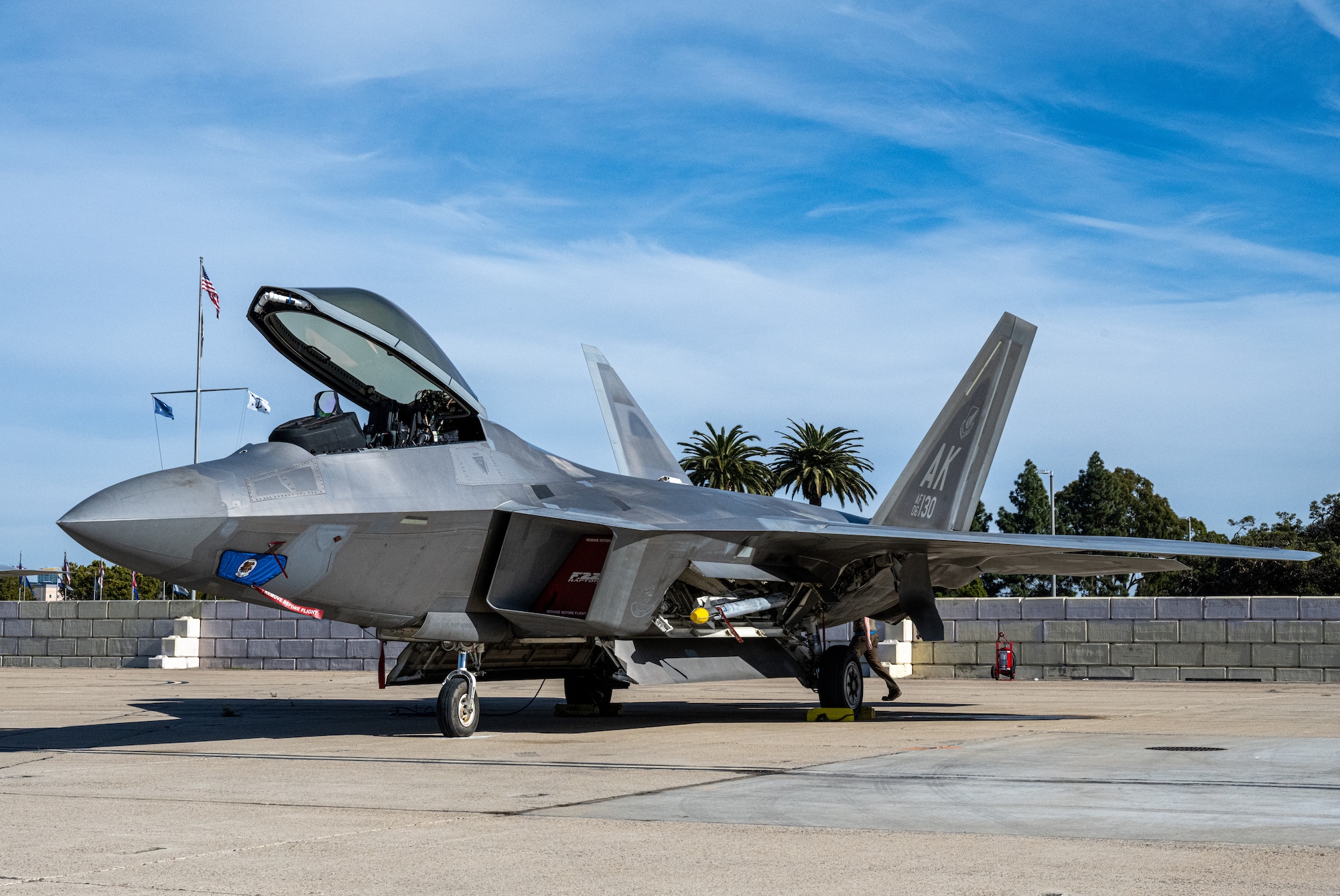 An F-22 Raptor deployed under the 525th Expeditionary Fighter Squadron, 3rd Air Expeditionary Wing, Joint Base Elmendorf-Richardson, Alaska, sits on the airfield during Exercise Bamboo Eagle 24-1 at Naval Air Station North Island, California, Jan. 28, 2024.
