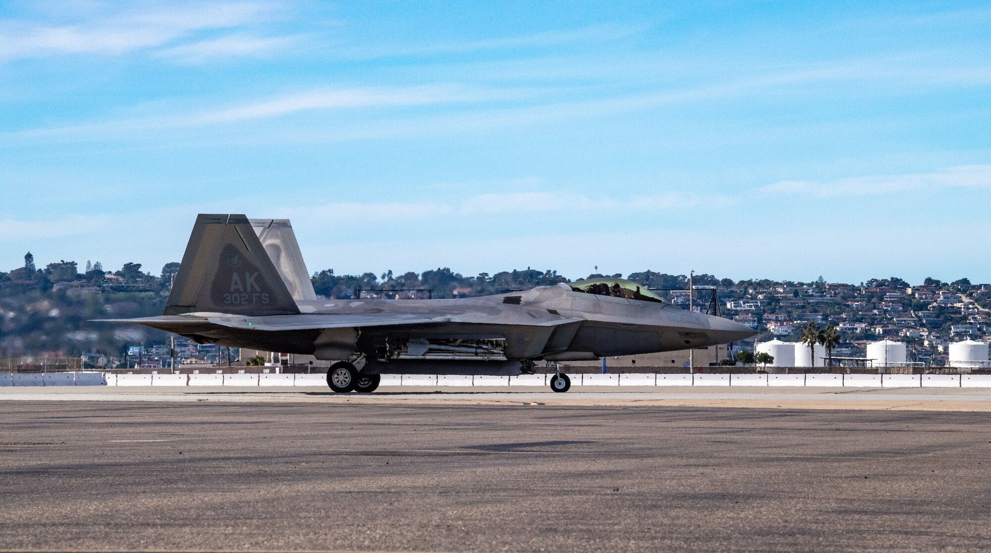 An F-22 Raptor deployed under the 525th Expeditionary Fighter Squadron, 3rd Air Expeditionary Wing, Joint Base Elmendorf-Richardson, Alaska, taxis on the airfield during Exercise Bamboo Eagle 24-1 at Naval Air Station North Island, California, Jan. 28, 2024.
