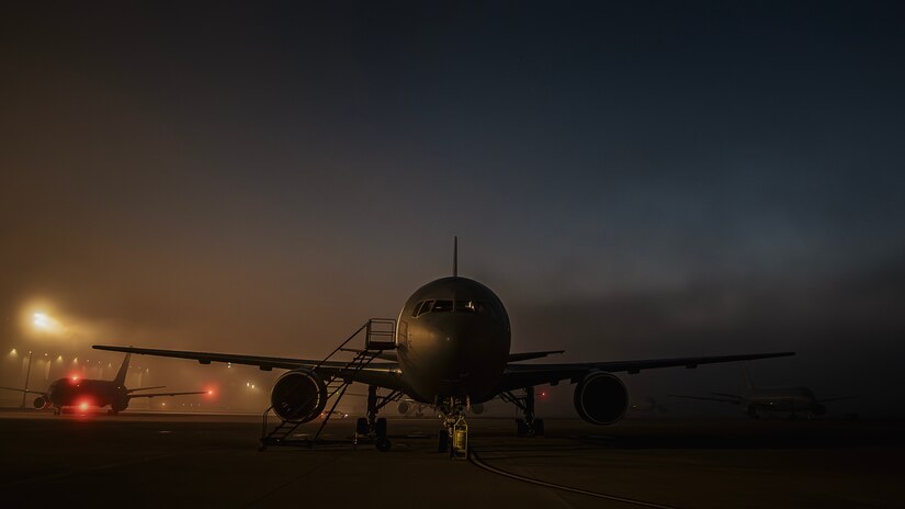 A KC-46A Pegasus from the 2nd Air Refueling Squadron assigned to the 305th Air Mobility Wing, Joint Base McGuire-Dix-Lakehurst, N.J., sits on the flightline during the Bamboo Eagle 24-1 exercise at Travis Air Force Base, Calif., Jan. 29, 2024. Bamboo Eagle 24-1 is an operational implementation of multi-domain combat readiness training. (U.S. Air Force photo by Staff Sgt. Austin Knox)