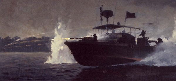 "Fire Fight": Painting, oil on Masonite, by R. G. Smith, 1968